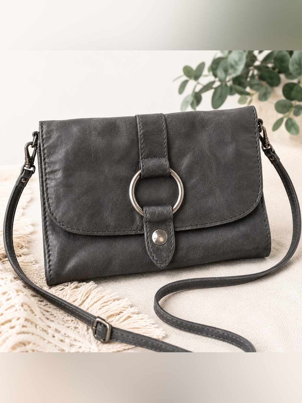 Gray Frye Leather Foldover Crossbody Purse Melissa Collection Ring Accent‎ Bag